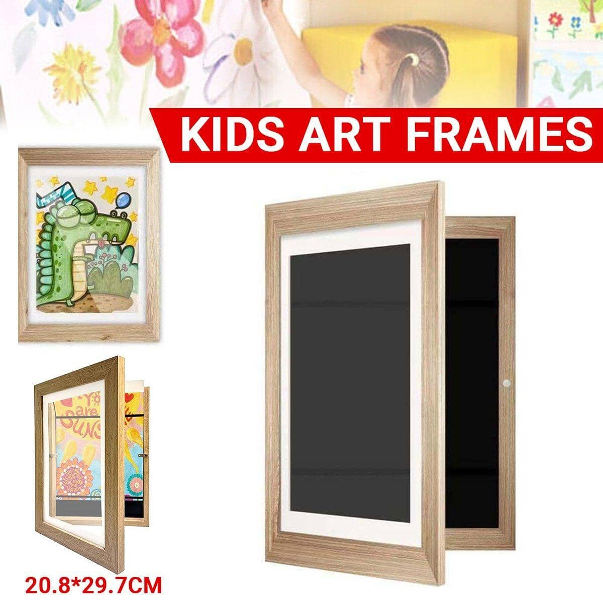 Wooden Kids Art Frame Display Holds up to 150 Pictures, Front Loading