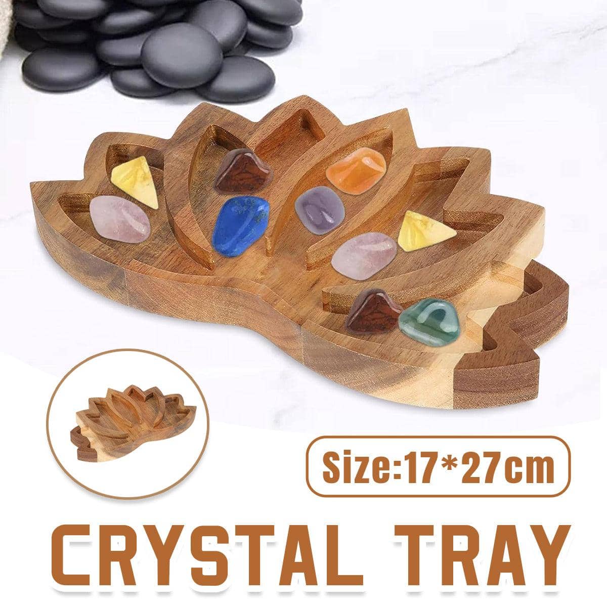Wooden Lotus Crystal Tray with Stone Rack for Storage and Display