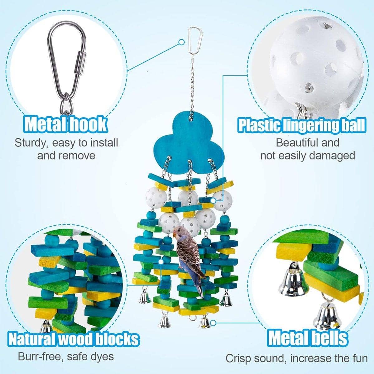 Wooden Parrot Chew Toy with Bell, Blueberry Shape - 22 Inch (56cm) - view 5