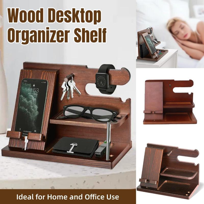 Wooden Phone Holder and Desk Organiser with Storage Compartments