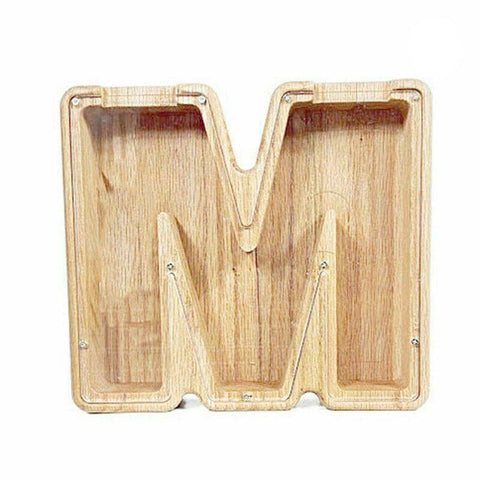 Wooden Piggy Bank Coin Saving Money Box - Letter M