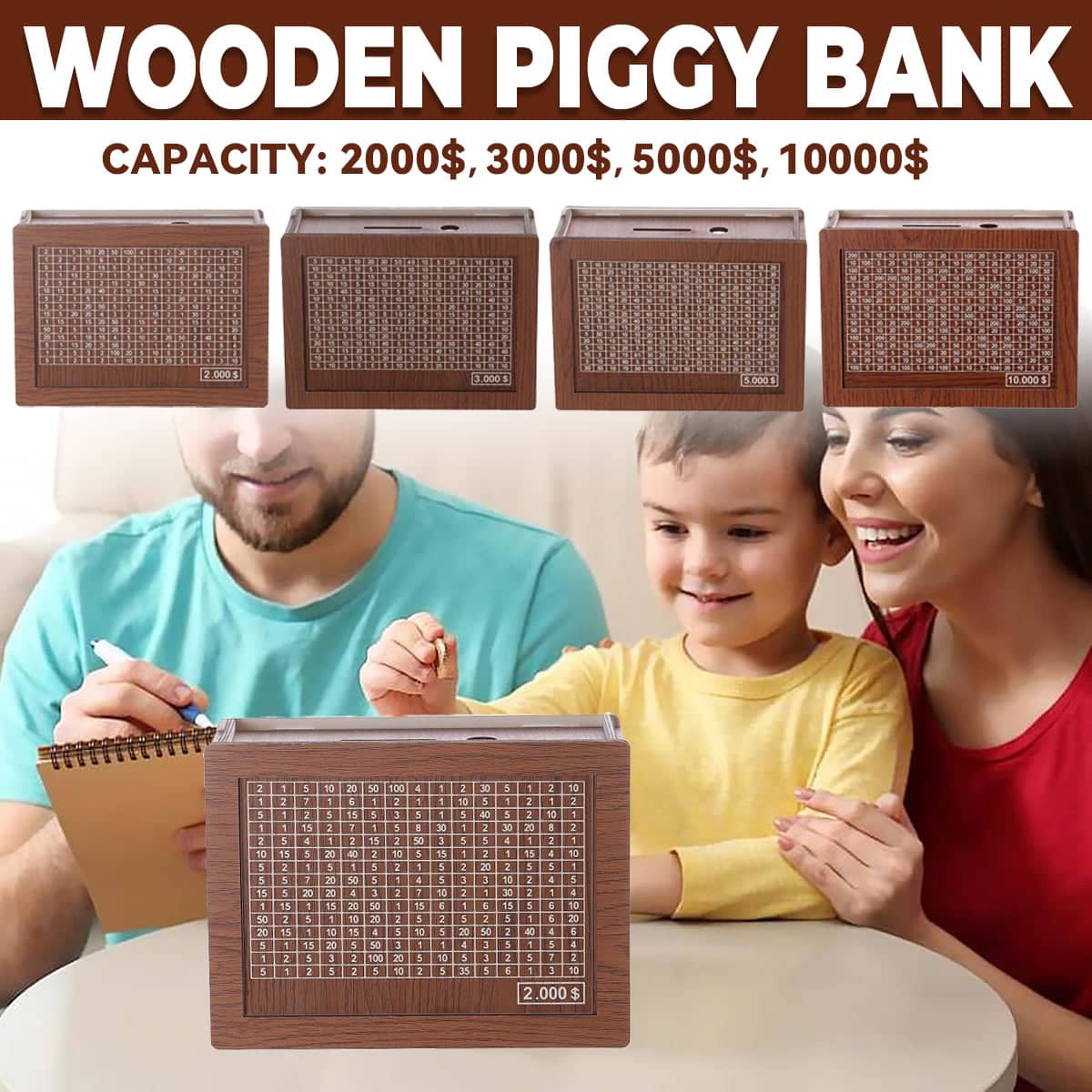 Wooden Piggy Bank Savings Box with Counting Grid - 5000 Dollar Goal - view 2