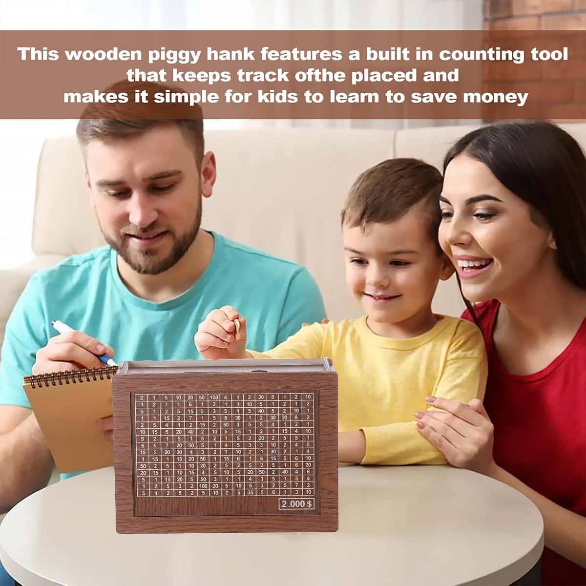 Wooden Piggy Bank Savings Box with Counting Grid - 5000 Dollar Goal - view 5