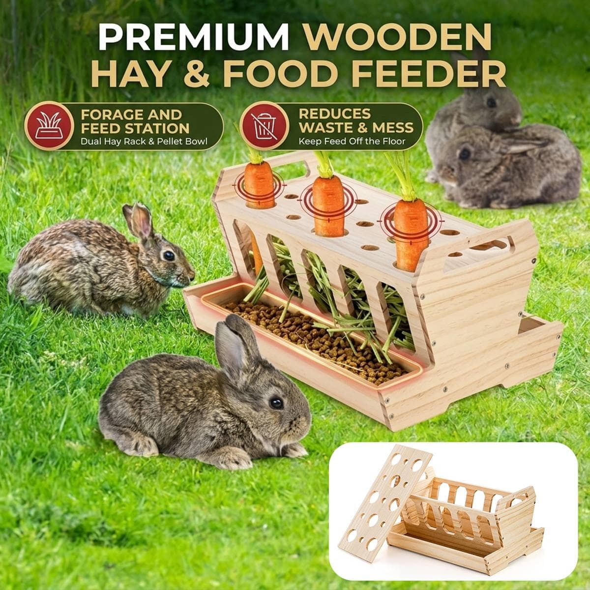 Wooden Rabbit Hay Feeder with Carrot Holes and Pellet Tray