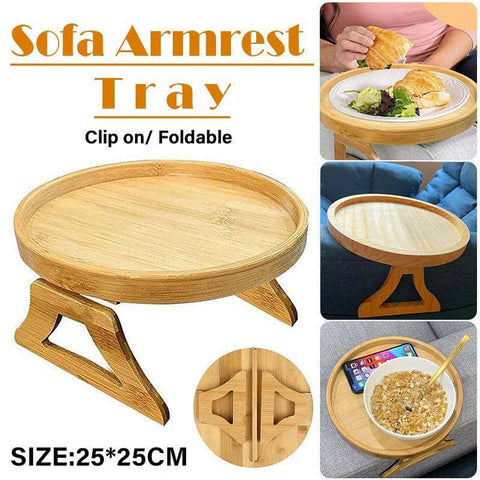 Wooden Sofa Armrest Tray with Foldable Legs, 25 cm Diameter