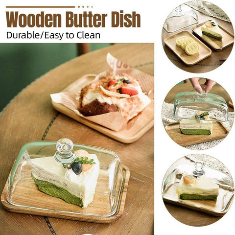 Wooden Square Cake Tray with Glass Cover, Dessert and Tea Tray