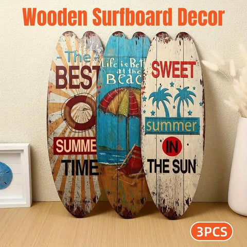Wooden Surfboard Wall Sign Set of 3 Vintage Beach Quote Coastal Decor Hanging Set