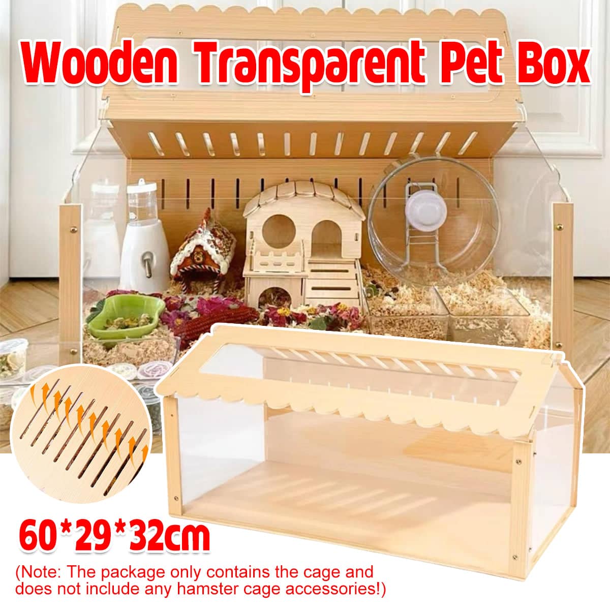 Wooden Transparent Hamster Cage for Small Pets with Clear Panels