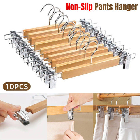 Wooden Trouser Hangers with Non-Slip Clips - Pack of 10