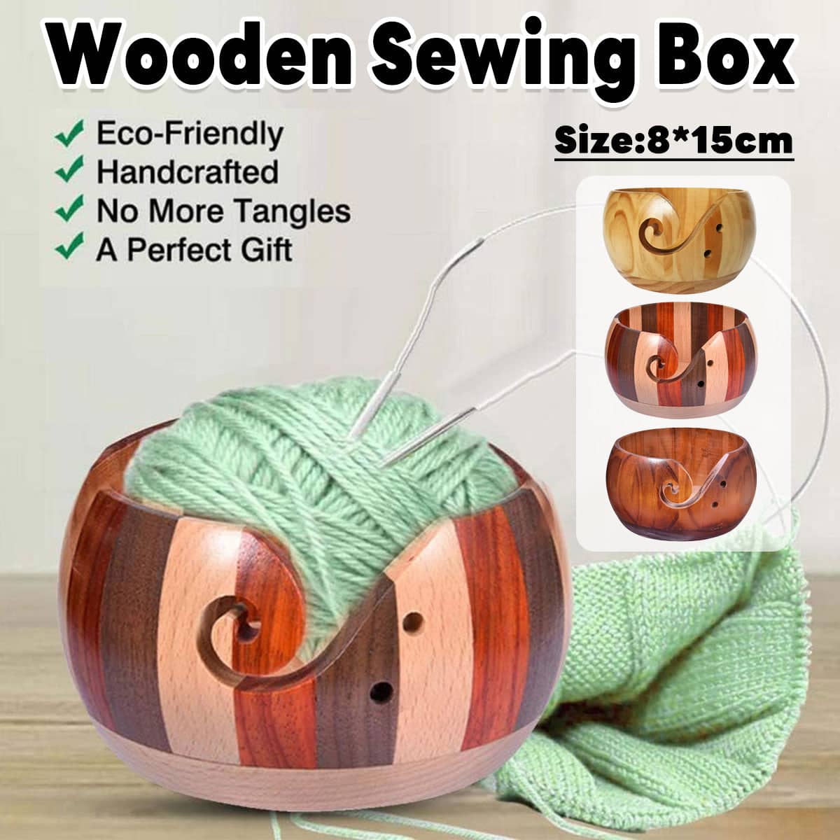 Wooden Yarn Bowl for Knitting and Crochet - Dark Brown Wood Finish, 15 cm - view 2