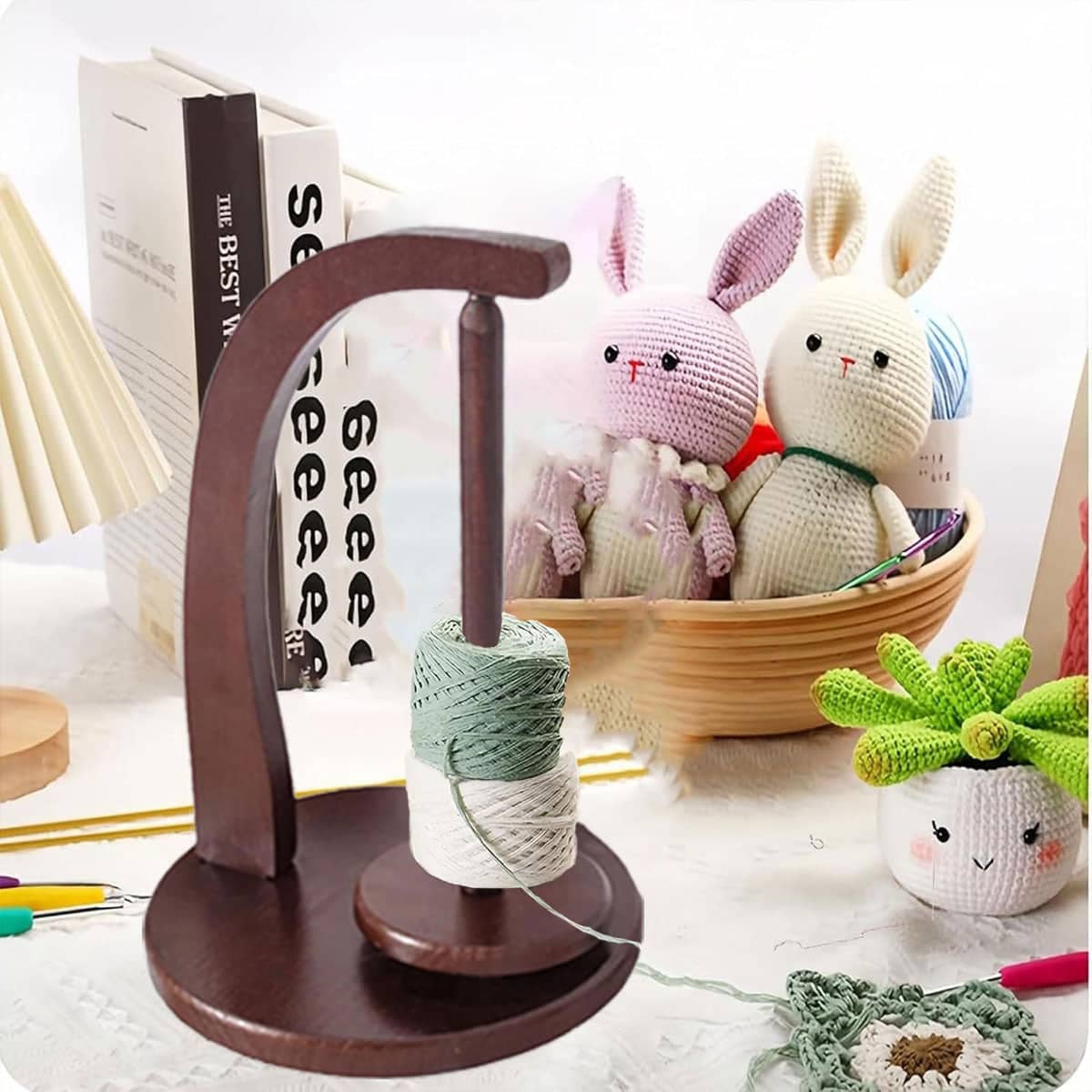 Wooden Yarn Holder Stand for Knitting and Crochet, Rotatable Bobbin Wool Dispenser - Brown - view 5