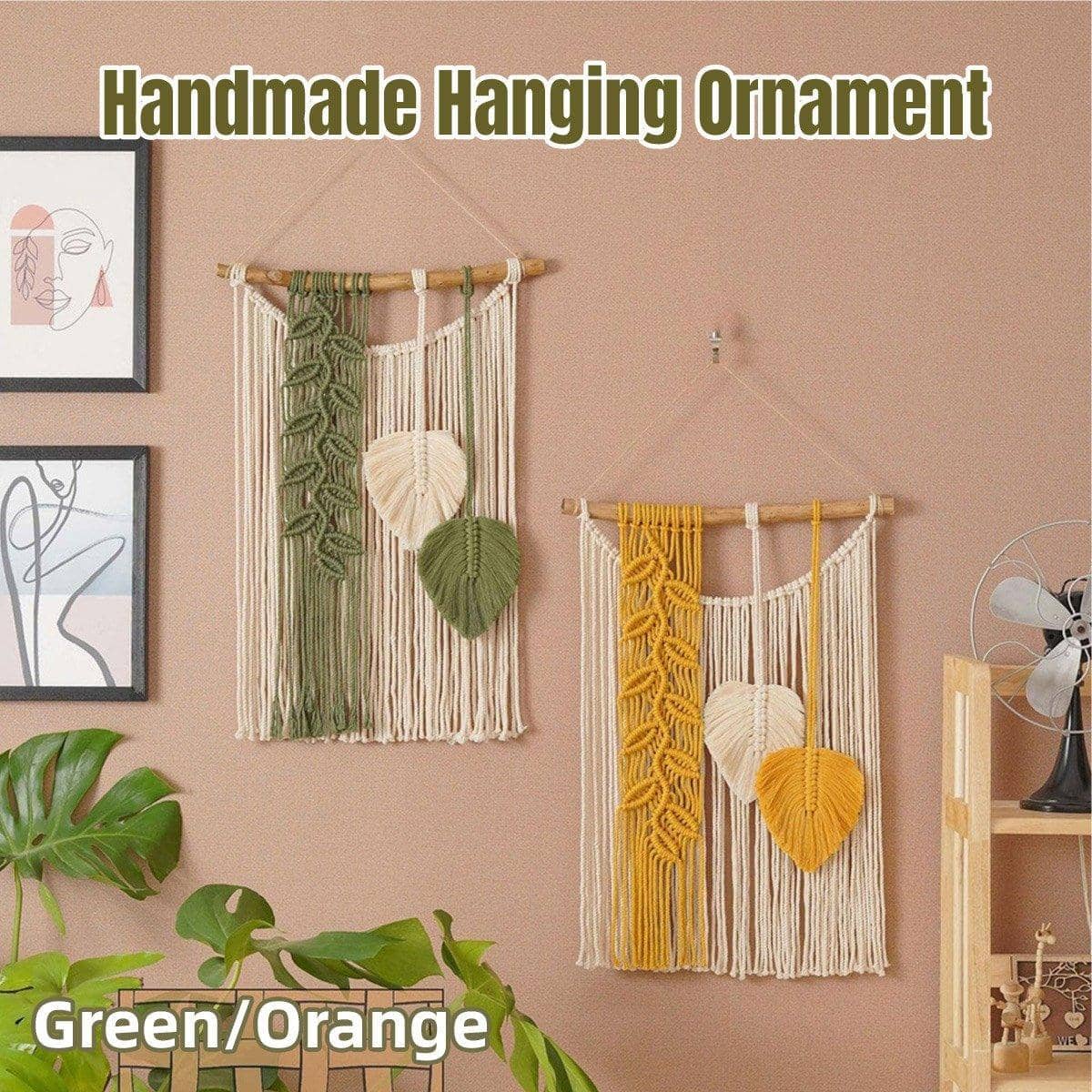 Woven Cotton Rope Leaf Wall Hanging with Wooden Rod - Green - view 2