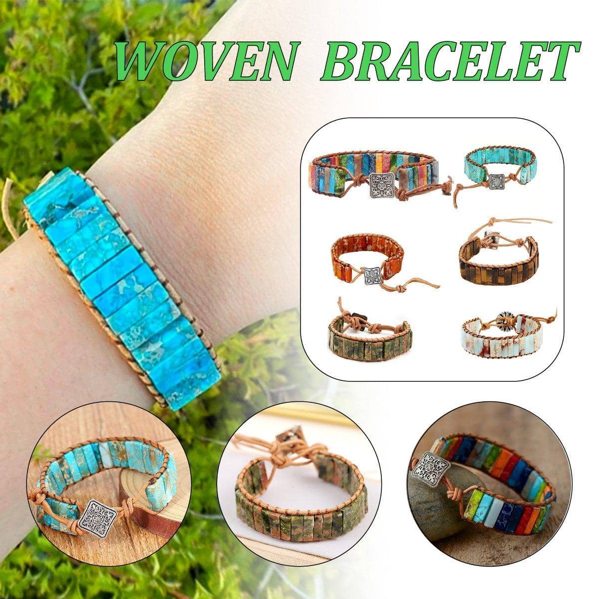 Woven Natural Stone Bracelet, Adjustable - Brown - view 2