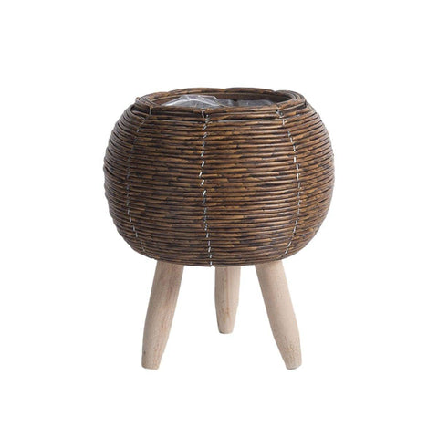 Woven Rattan Planter with Wooden Legs - Dark Brown, Round