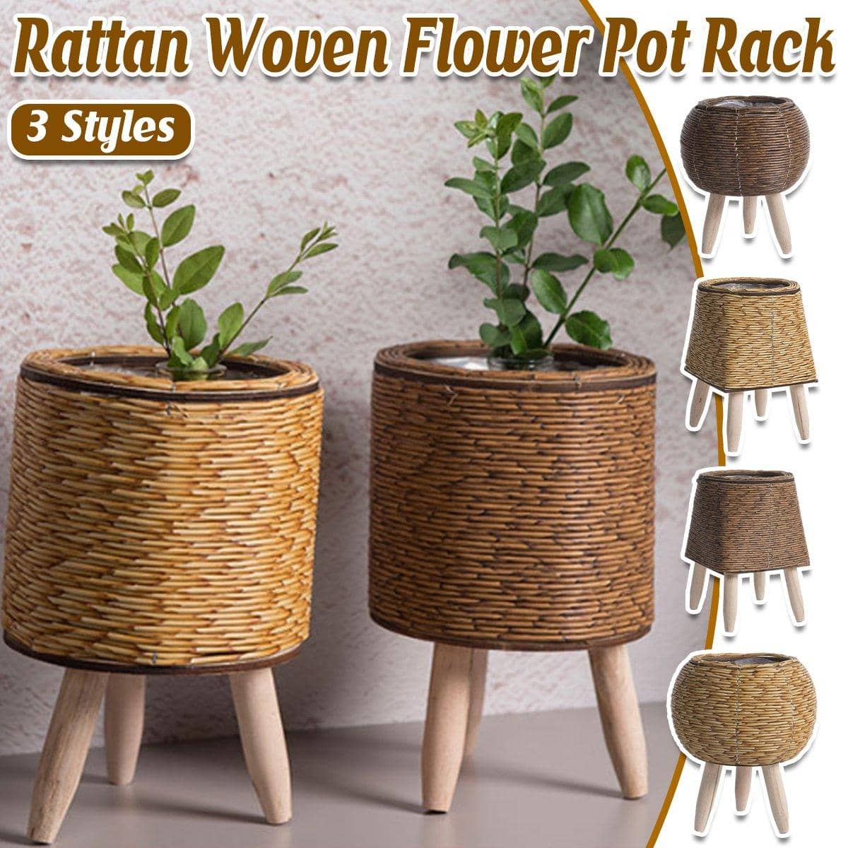 Woven Rattan Planter with Wooden Legs - Golden Yellow, Cylindrical - view 2