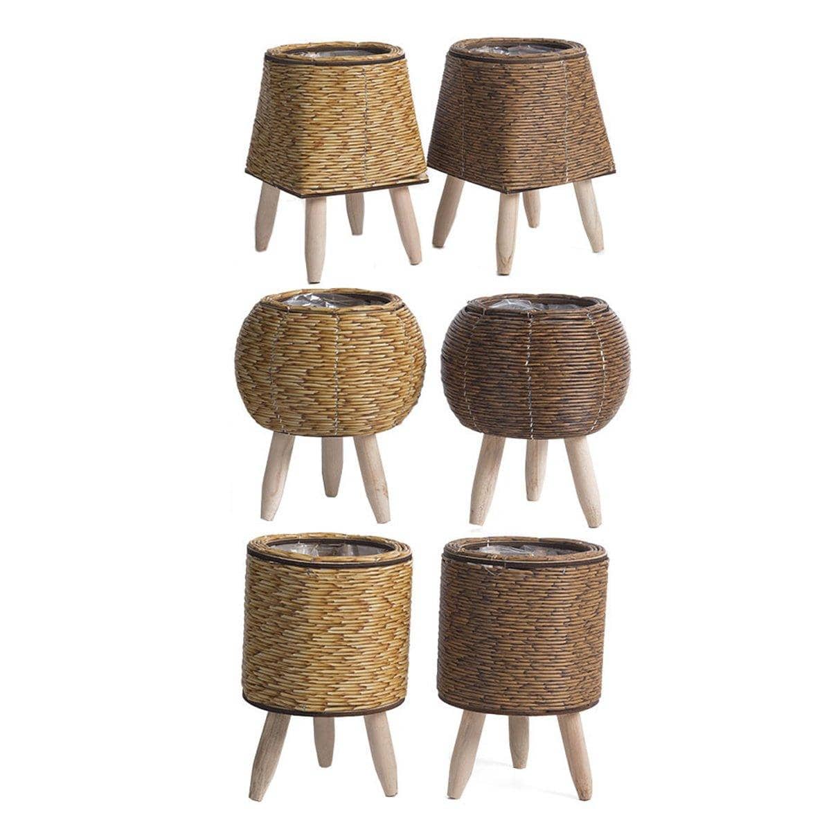 Woven Rattan Planter with Wooden Legs - Golden Yellow, Cylindrical - view 3