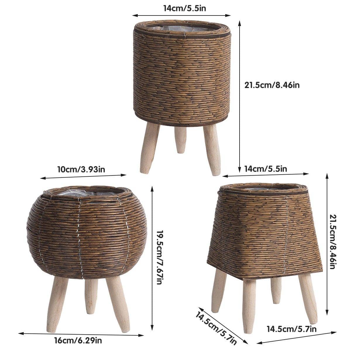 Woven Rattan Planter with Wooden Legs - Golden Yellow, Cylindrical - view 4