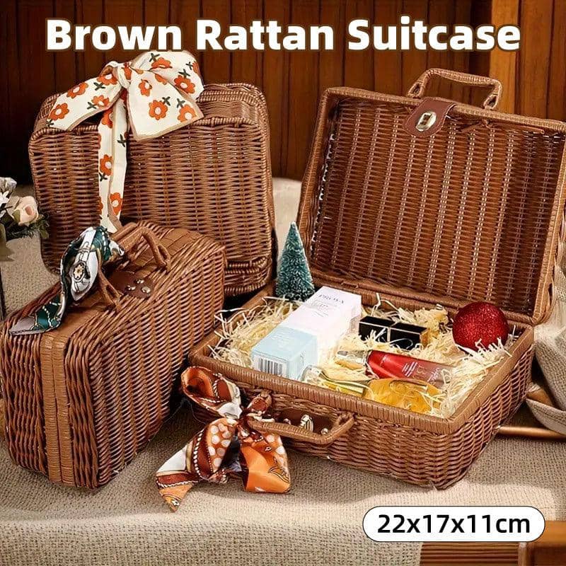 Woven Rattan Suitcase Storage Box with Lid for Home Office
