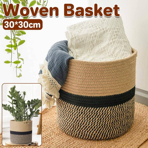 Woven Round Cotton Rope Basket with Handles - Beige and Black, 30cm