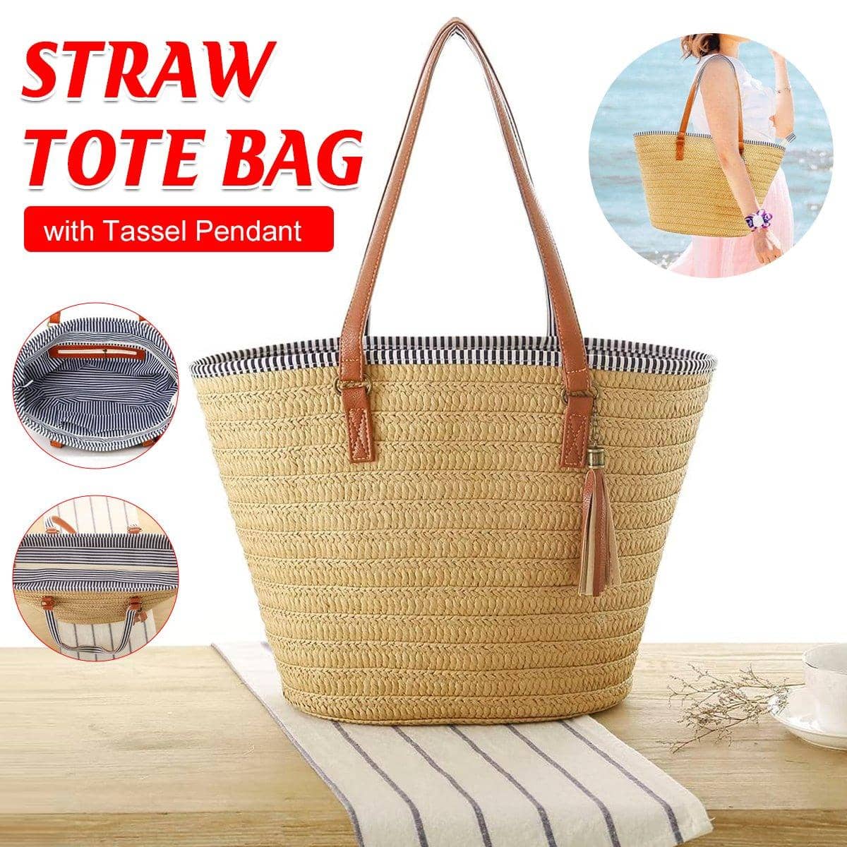 Woven Straw Beach Tote Bag with Tassel Pendant, Summer Handbag for Women