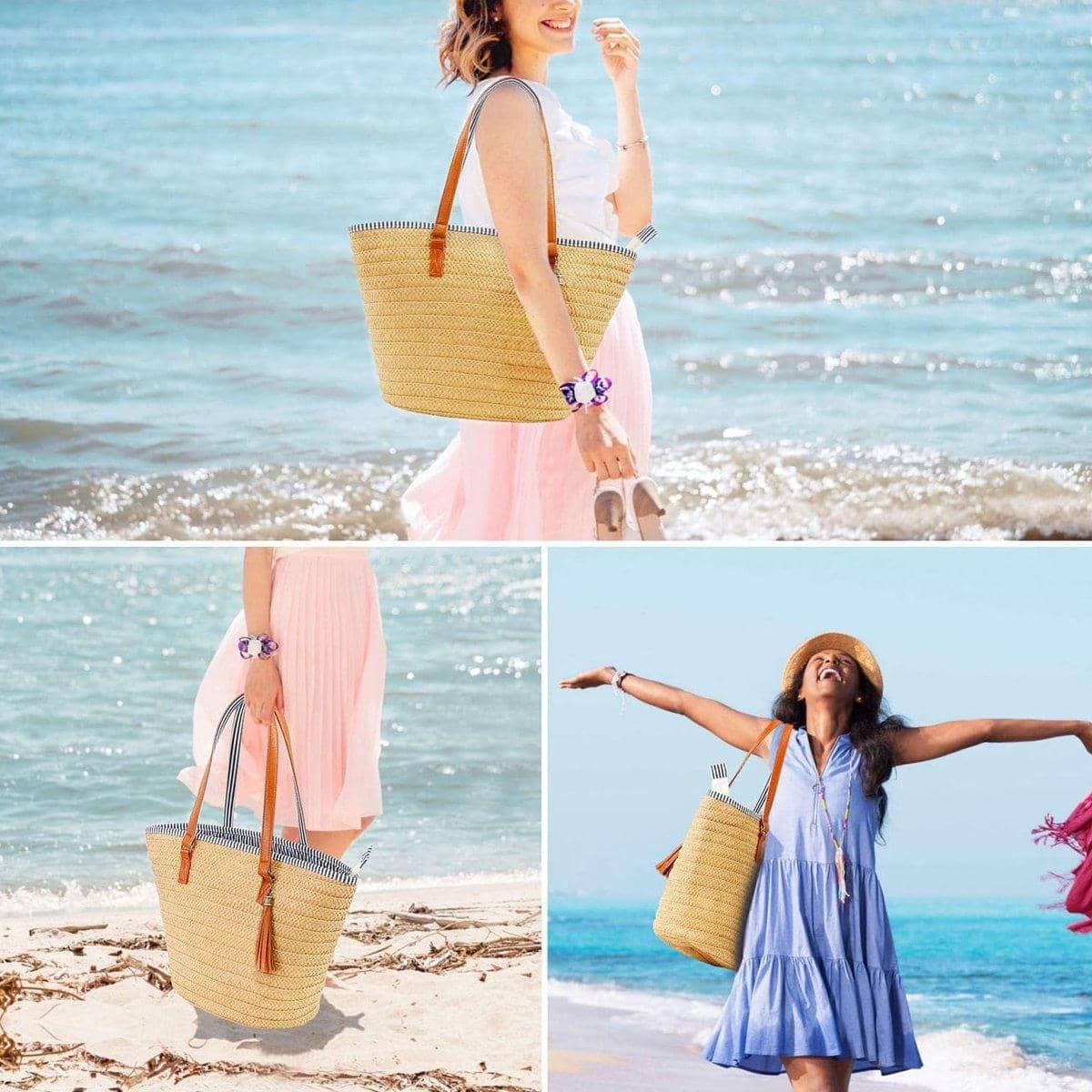 Woven Straw Beach Tote Bag with Tassel Pendant, Summer Handbag for Women - view 4