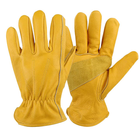 Yellow Cowhide Leather Work Gloves for Gardening and DIY - Size XL (Length 25.9 to 26.9 cm)