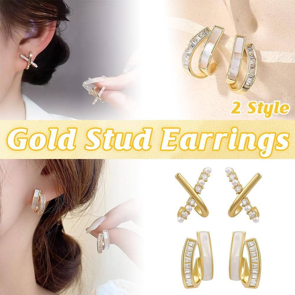 Zircon Stud Earrings for Women - Gold Double Hoop with White Band - view 2
