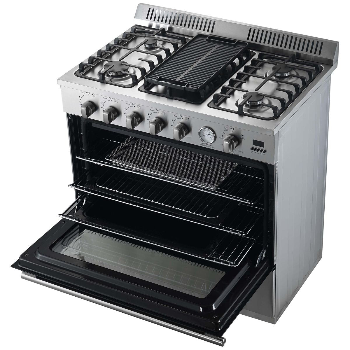 Trinity 90cm LP Gas Freestanding Oven 132L - Stainless Steel, Air Fry, Rotisserie, Wok Burner - TRFSGO901LPG