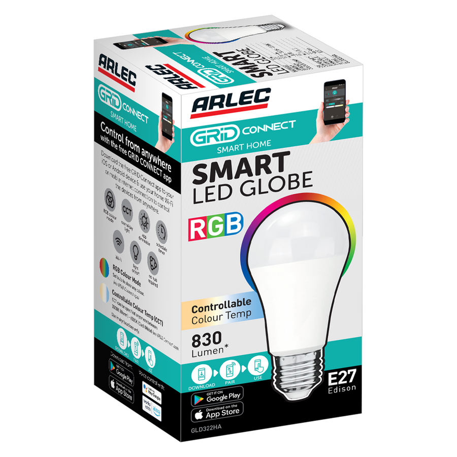 Arlec E27 LED 10W RGB CCT Colour Smart Globe 830lm 4 Pack