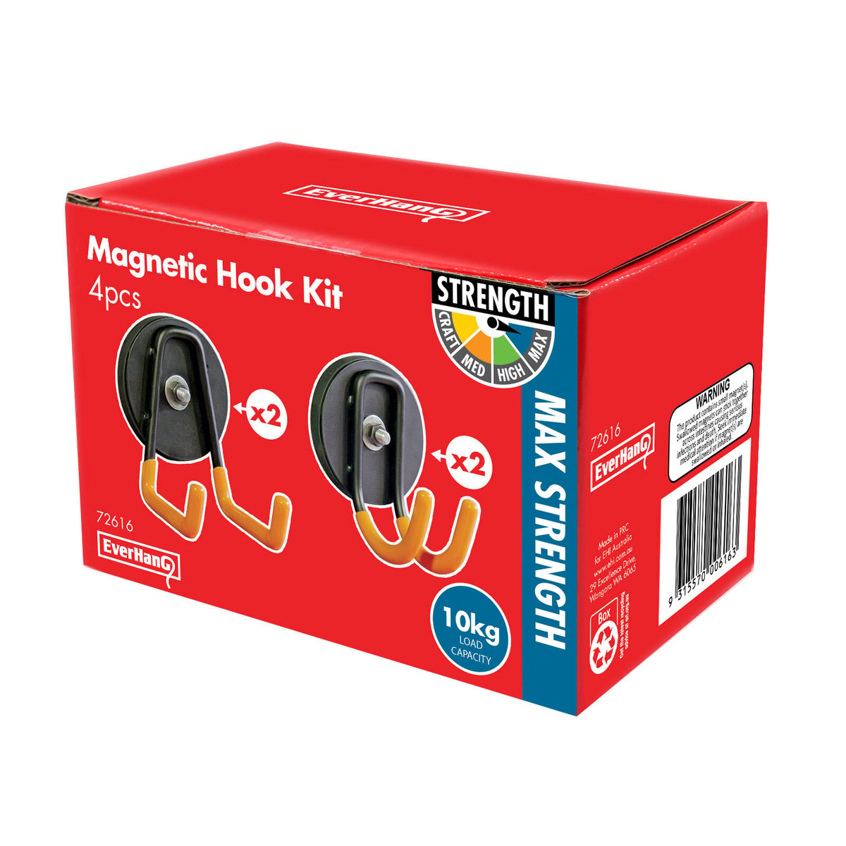 Everhang Magnetic Utility Hook Kit 4 Pack - 4 Hooks - 10kg Pull Force - PVC - Orange/Black - SuperSaverAU - view 2