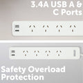 Arlec 4 Outlet Powerboard with USB Chargers - 290mm - White - Overload Protection - SuperSaverAU - view 3
