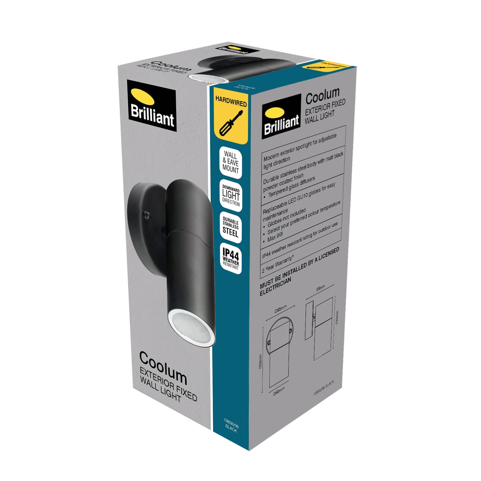 Brilliant Coolum Black Exterior Fixed Wall Light Stainless Steel GU10 Weather Resistant