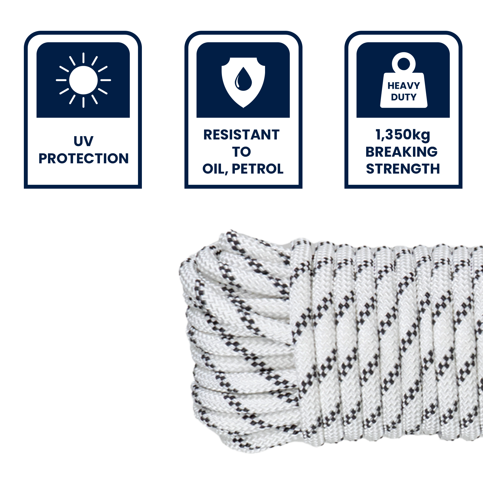 Grunt 8mm x 30m High Strength Rope, White with Black Trace, Polyester, 1350kg Break Strength