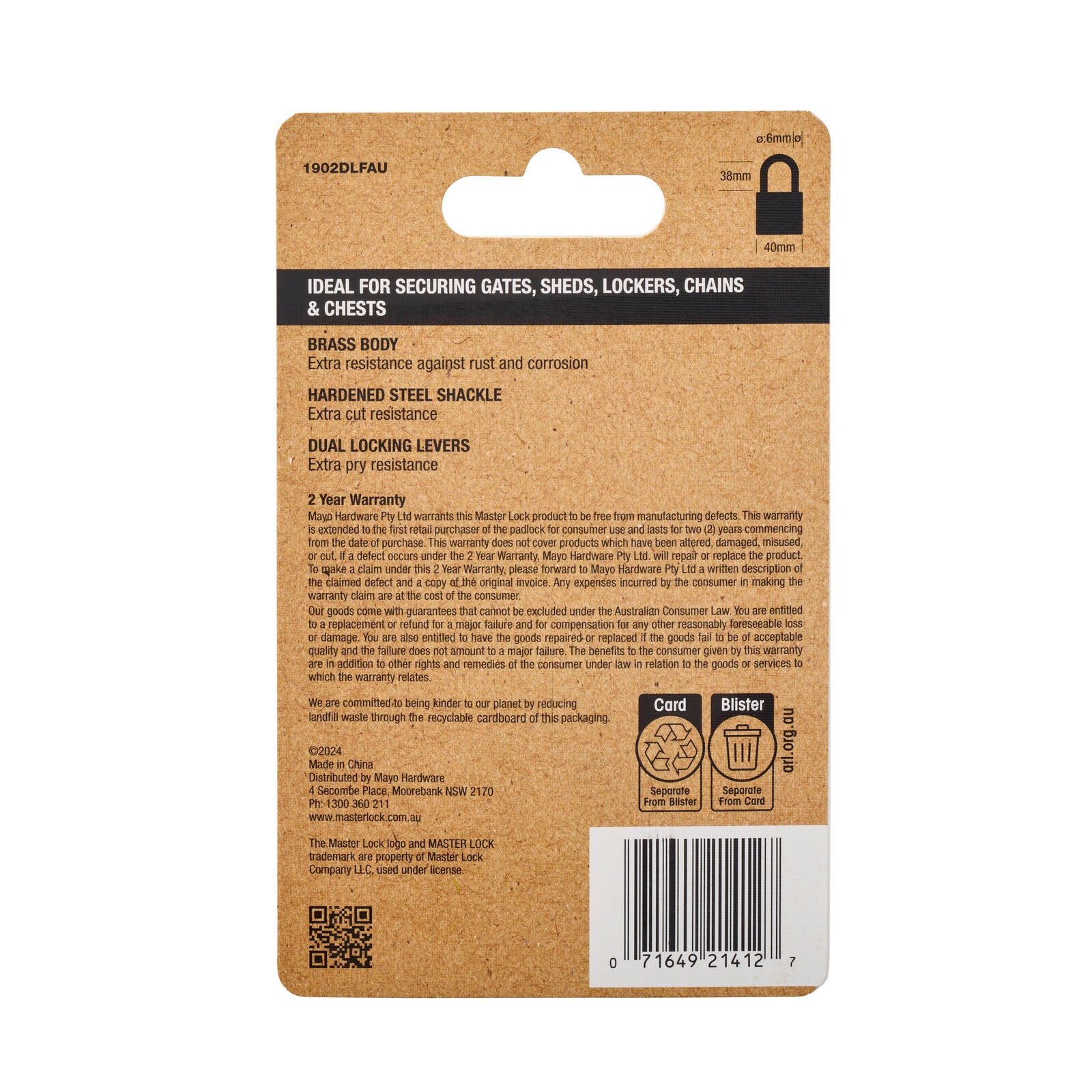 Master Lock 40mm Long Shackle Padlock, Solid Brass, Hardened Steel, 38mm Clearance