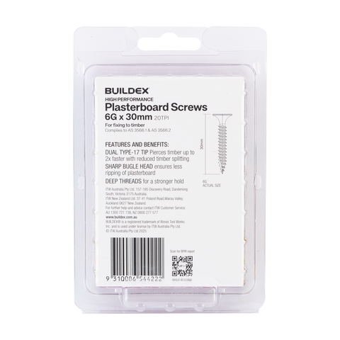 Buildex 6G x 30mm Gold Passivated Bugle Head Plasterboard Screws, 100 Pack