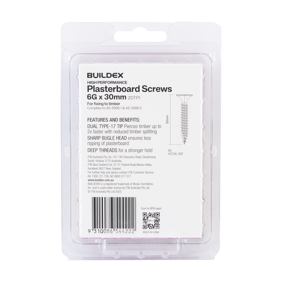 Buildex 6G x 30mm Gold Passivated Bugle Head Plasterboard Screws, 100 Pack