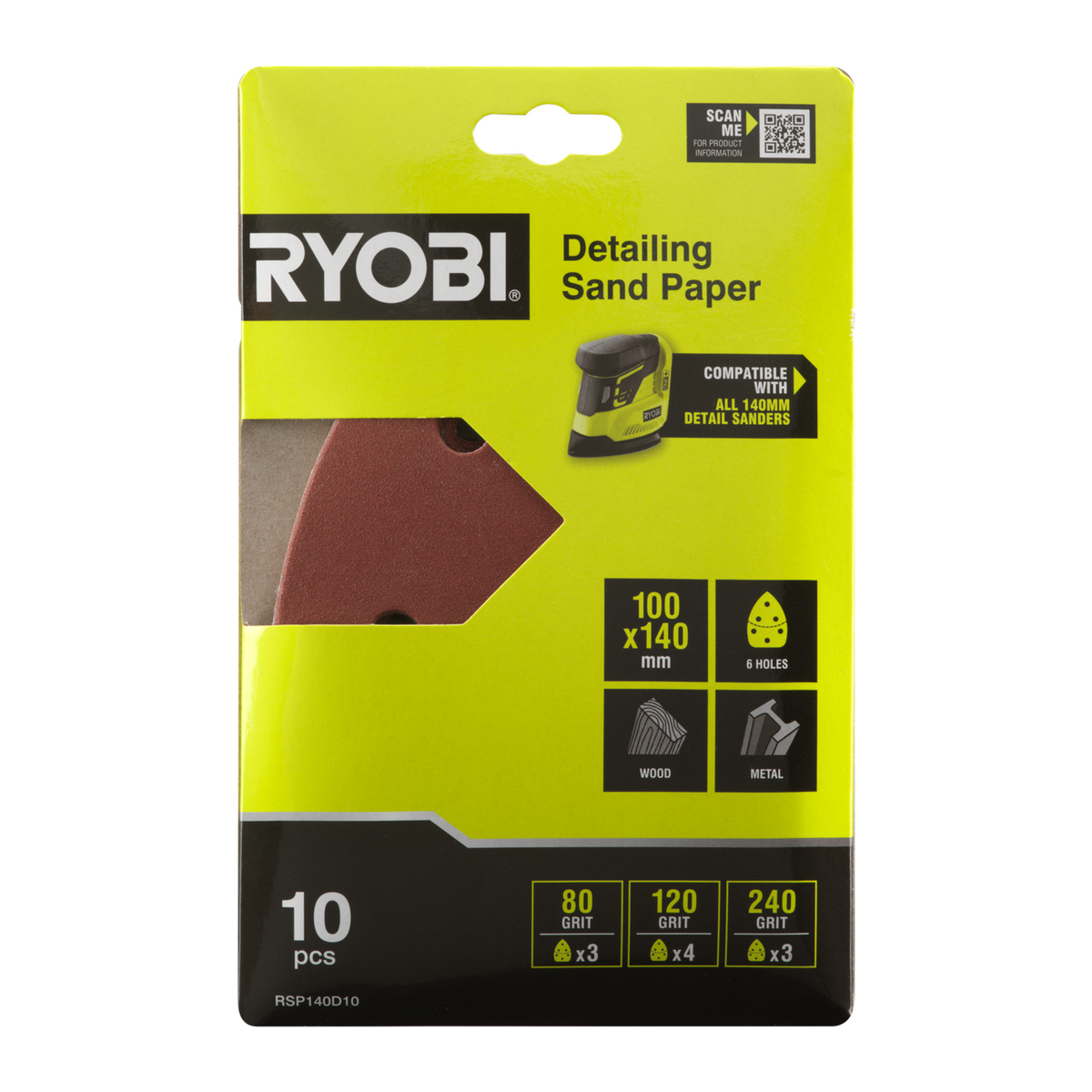 Ryobi Detail Sanding Set - 10 Piece - 100 x 140mm - 80/120/240 Grit - SuperSaverAU - view 4