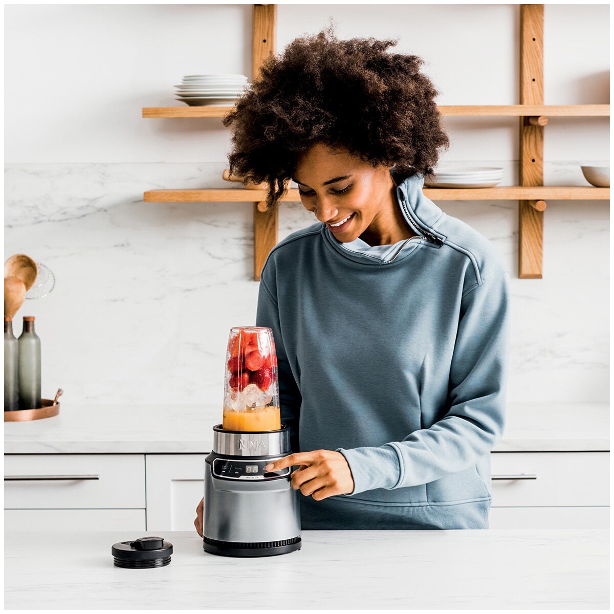 Ninja Nutri Blender Pro with Auto-iQ 1000W - Cloud Silver - Three Single-Serve Cups - BN500