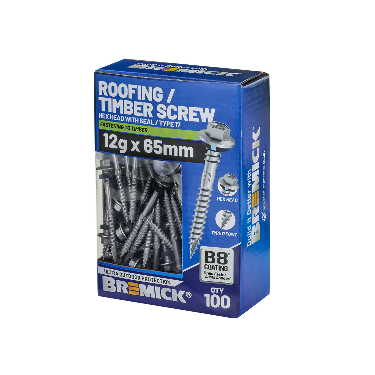 Bremick Hex Roofing Screw 12g x 65mm - B8 - Pack of 100 - Corrosion Resistant - SuperSaverAU - view 1