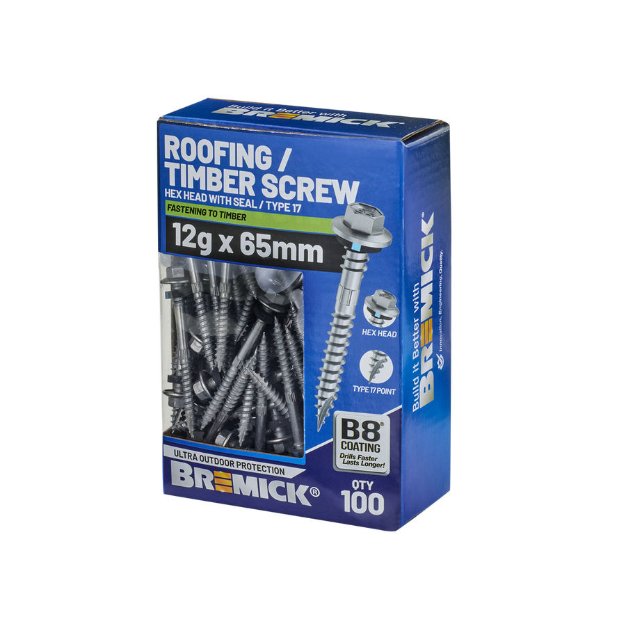 Bremick Hex Roofing Screw 12g x 65mm - B8 - Pack of 100 - Corrosion Resistant - SuperSaverAU - view 1