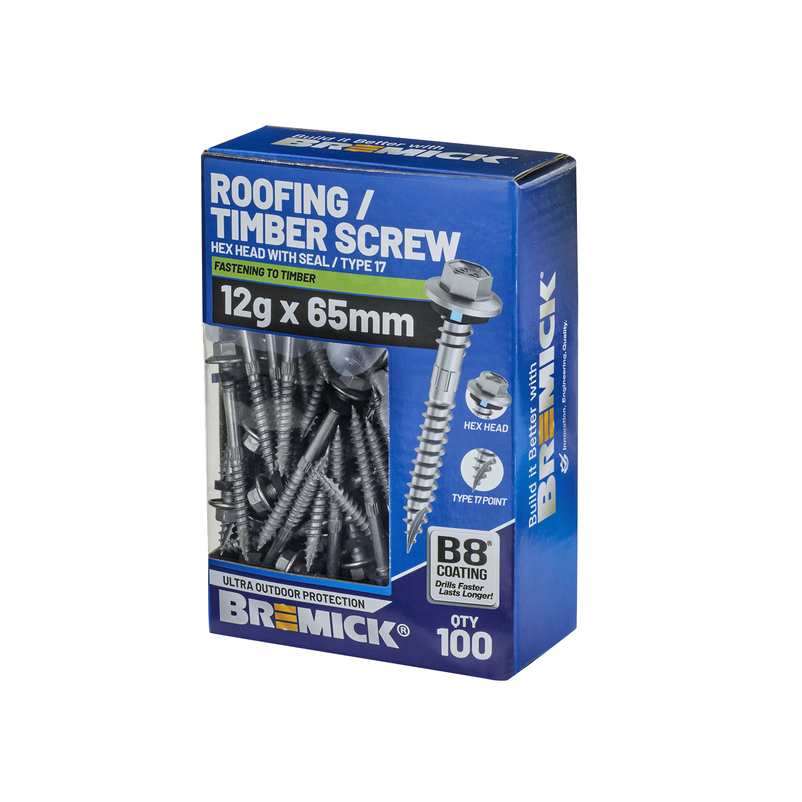 Bremick 12g x 65mm Hex Roofing Screws B8 Type 17 - 100 Pack