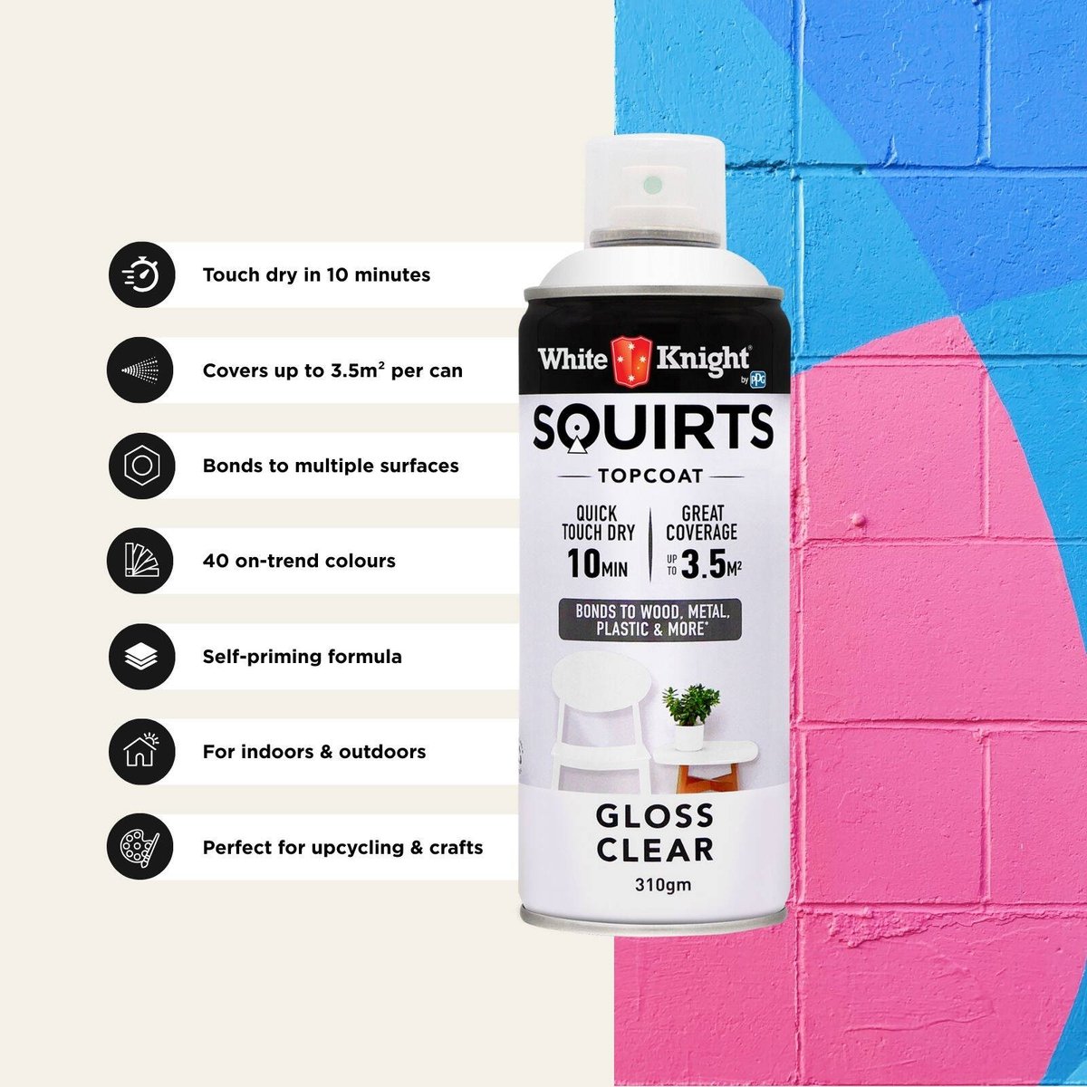 White Knight Squirts Clear Gloss Spray Paint 310g Durable Finish - SuperSaverAU - view 4