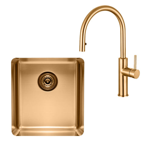 Titan Essentials 405mm Single Bowl Sink and Pull Out Gooseneck Mixer Tap Package - Brass - TSBRPK402