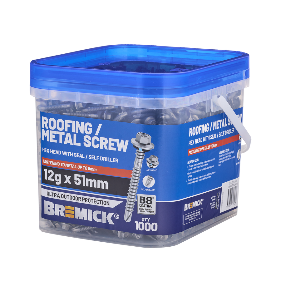 Bremick Metal Hex Screw 12g x 51mm - Box of 1000 - Watertight Seal - Corrosion Resistant - SuperSaverAU - view 1