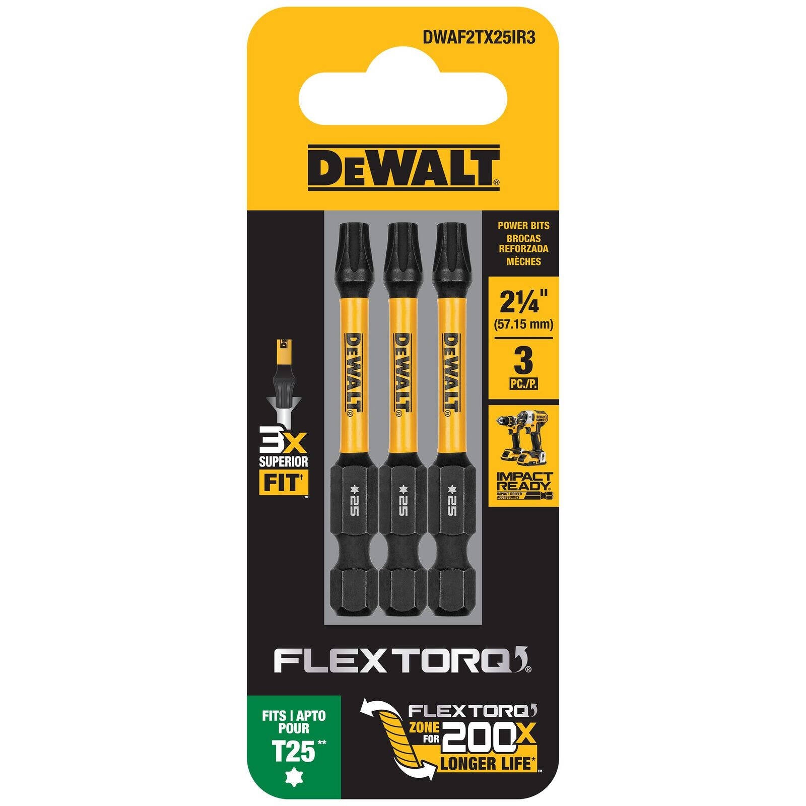 DeWALT FLEXTORQ 57mm TX25 Impact Screwdriver Bit 3 Pack DWAF2TX25IR3