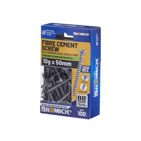 Bremick 10G x 50mm Fibre Cement Screw, T25 Self-Embedding Head Needle Point - 100 Pack