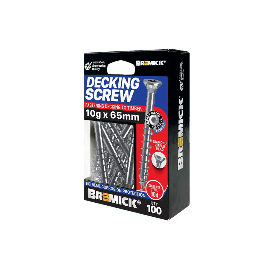 Bremick Decking Screw 10g x 65mm Spiral Rib T25 SS304 - 100 Pack - Secure Fastening - SuperSaverAU - view 1