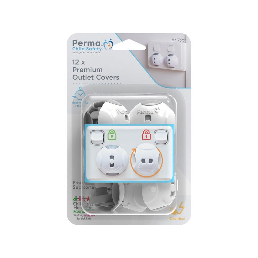 Perma Child Safety Outlet Covers 12 Pack Plastic White Grey Easy Use - SuperSaverAU - view 1