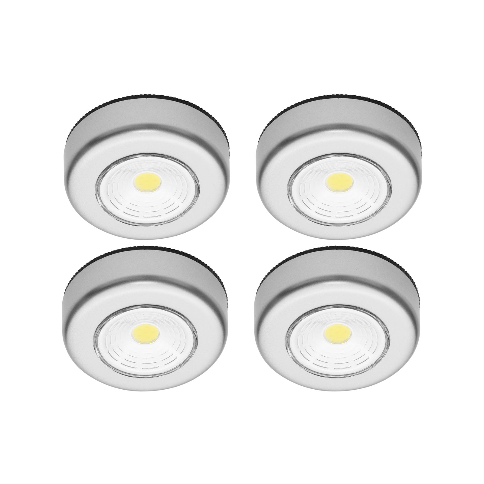 Click Silver LED Puck Lights 4 Pack, Cordless Push-On, Indoor, Self-Adhesive