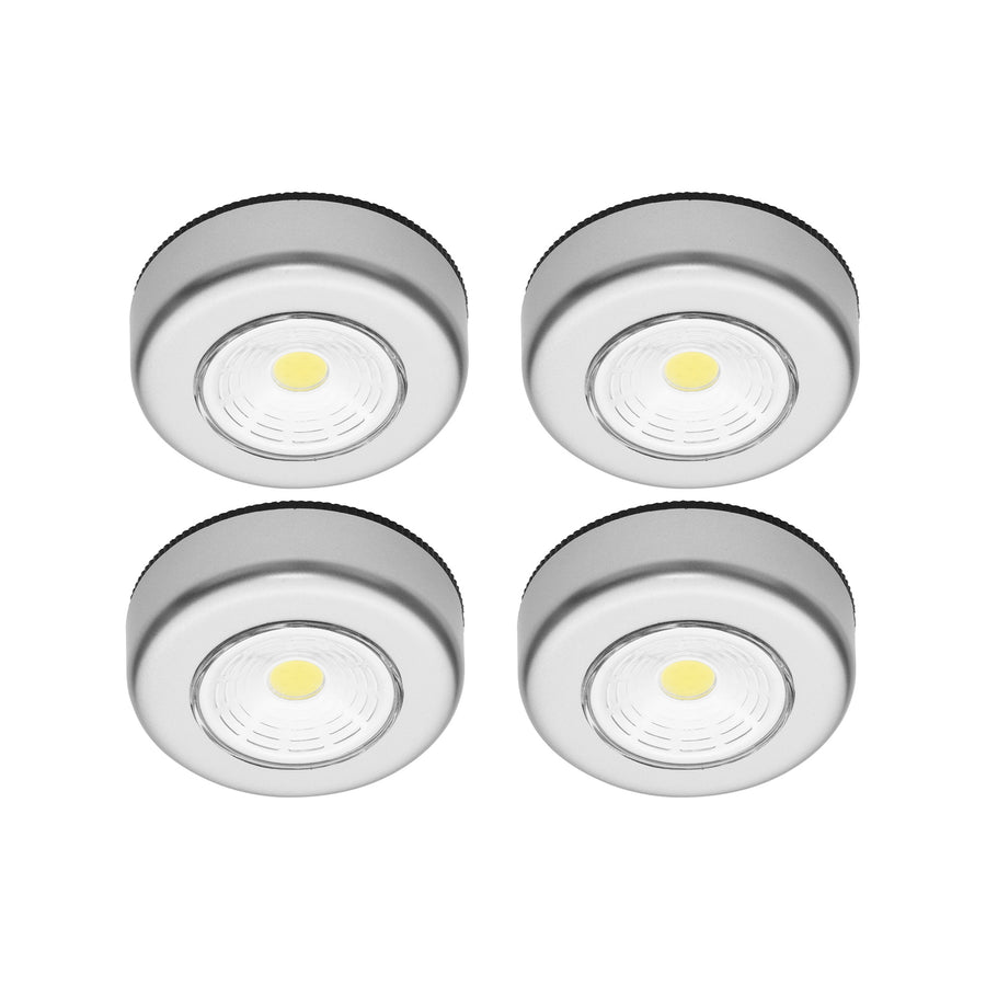 Click Silver LED Puck Lights 4 Pack, Cordless Push-On, Indoor, Self-Adhesive